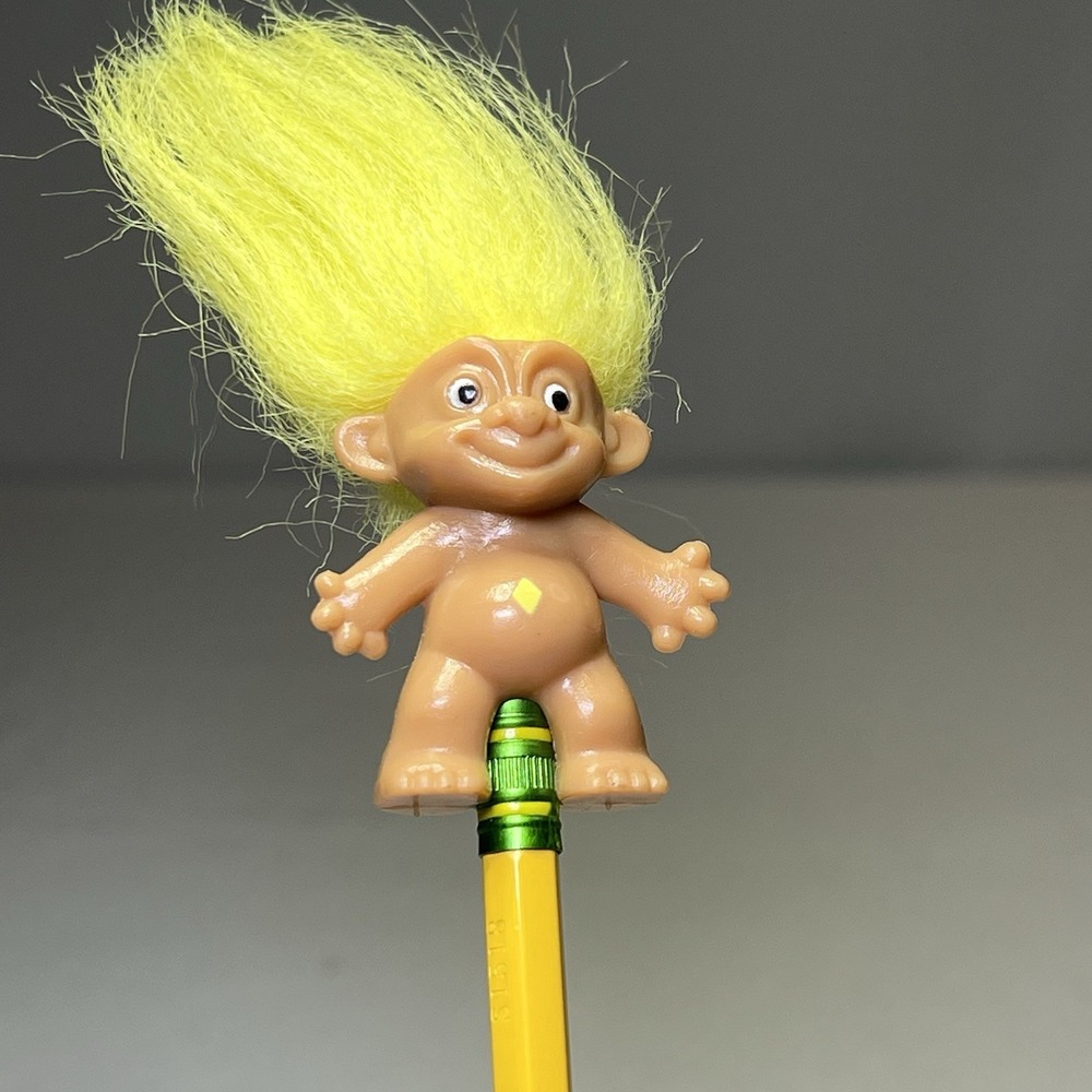 Vintage Troll Pencil Topper Yellow Hair‎ Painted Yellow Diamond Belly